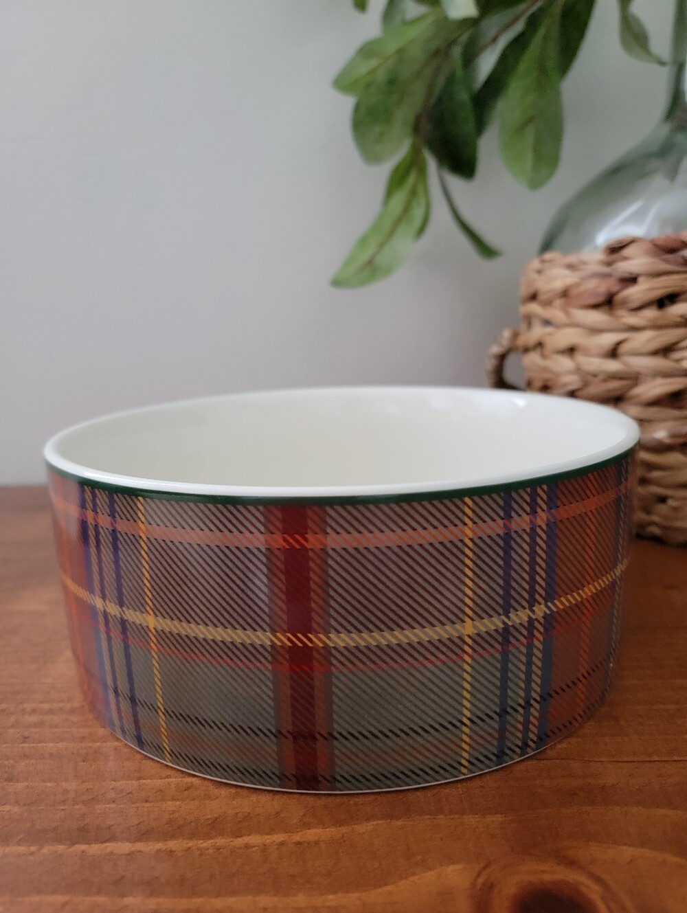 Pottery Barn Woodrow Plaid Large Pet Stoneware Dog Dish Food Or Water Bowl